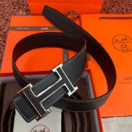 Hermes H Leather Buckle 38MM Reversible Belt Togo Leather In Black/Silver