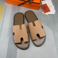 Hermes Izmir Slides Men Calfskin In Khaki/Coffee