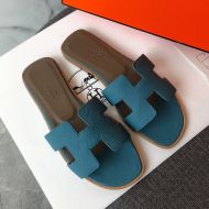 Hermes Oran Slides Women Grain Calfskin In Blue