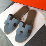 Hermes Oran Slides Women Grain Calfskin In Sky Blue