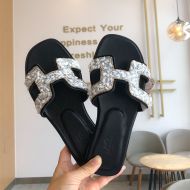 Hermes Oran Slides Women Glitter Leather With Gravel Drill In Black/White