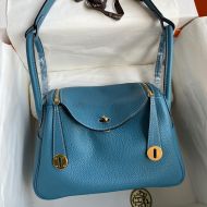 Hermes Lindy Bag Clemence Leather Gold Hardware In Blue