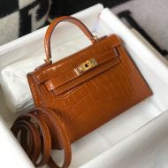 Hermes Mini Kelly II Bag Alligator Leather Gold Hardware In Brown