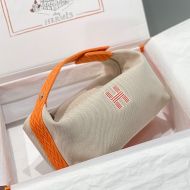 Hermes Trousse Bride-A-Brac Case Canvas Palladium Hardware In Beige/Orange