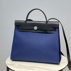 Hermes Herbag Bag Canvas Palladium Hardware In Navy Blue/Black