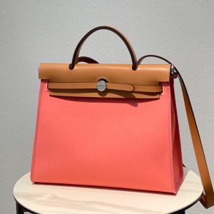 Hermes Herbag Bag Canvas Palladium Hardware In Pink/Brown