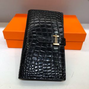 Hermes Bearn Wallet Alligator Leather Gold Hardware In Black