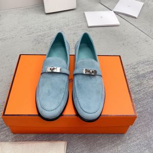 Hermes Destin Loafers Women Suede with Kelly Buckle In Sky Blue