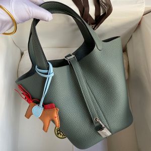 Hermes Picotin Lock Bag Clemence Leather Gold/Palladium Hardware In Almond Green