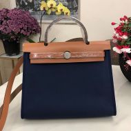 Hermes Herbag Bag Canvas Palladium Hardware In Navy Blue/Brown