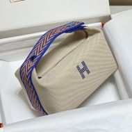 Hermes Trousse Bride-A-Brac Case Canvas Palladium Hardware In Beige/Blue