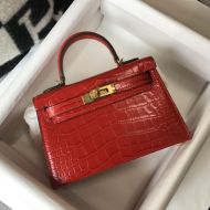 Hermes Kelly II Mini Bag Alligator Leather Gold Hardware In Red