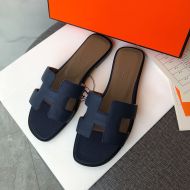 Hermes Oran Slides Women Grain Calfskin In Navy Blue