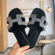 Hermes Oran Slides Women Glitter Leather In Black/Silver