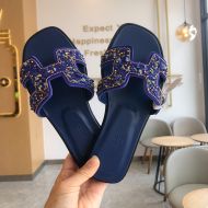 Hermes Oran Slides Women Glitter Leather With Gravel Drill In Blue