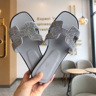 Hermes Oran Slides Women Glitter Leather In Grey