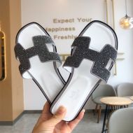 Hermes Oran Slides Women Glitter Leather In White/Black