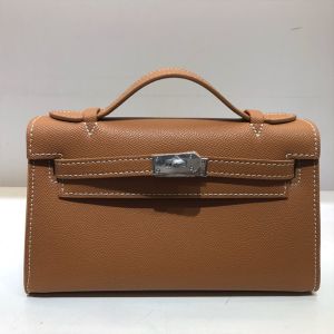 Hermes Kelly Mini Pochette Bag Epsom Leather Palladium Hardware In Brown