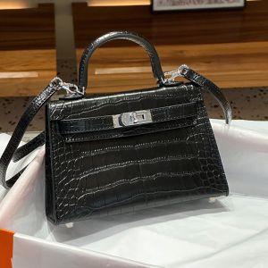 Hermes Kelly II Mini Bag Alligator Leather Palladium Hardware In Black