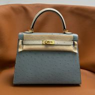 Hermes Kelly Bag Ostrich Leather Gold Hardware In Sky Blue/White