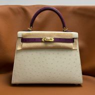 Hermes Kelly Bag Ostrich Leather Gold Hardware In White/Purple