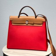 Hermes Herbag Bag Canvas Palladium Hardware In Red/Brown
