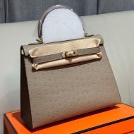 Hermes Kelly Bag Ostrich Leather Gold Hardware In Grey