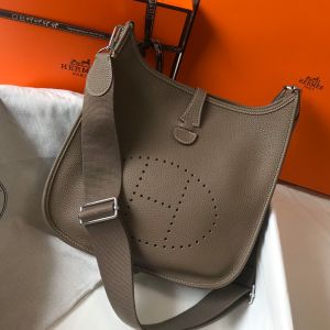 Hermes Evelyne Bag Clemence Leather Palladium Hardware In Khaki