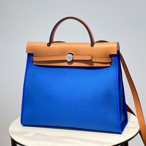 Hermes Herbag Bag Canvas Palladium Hardware In Blue/Brown