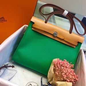 Hermes Herbag Bag Canvas Palladium Hardware In Green/Brown