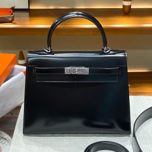 Hermes Kelly Bag Box Leather Palladium Hardware In Black