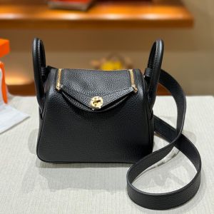 Hermes Mini Lindy Bag Togo Leather Gold Hardware In Black