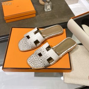 Hermes Oran Slides Women Alligator Leather In White