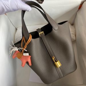 Hermes Picotin Lock Bag Clemence Leather Gold/Palladium Hardware In Etain Grey